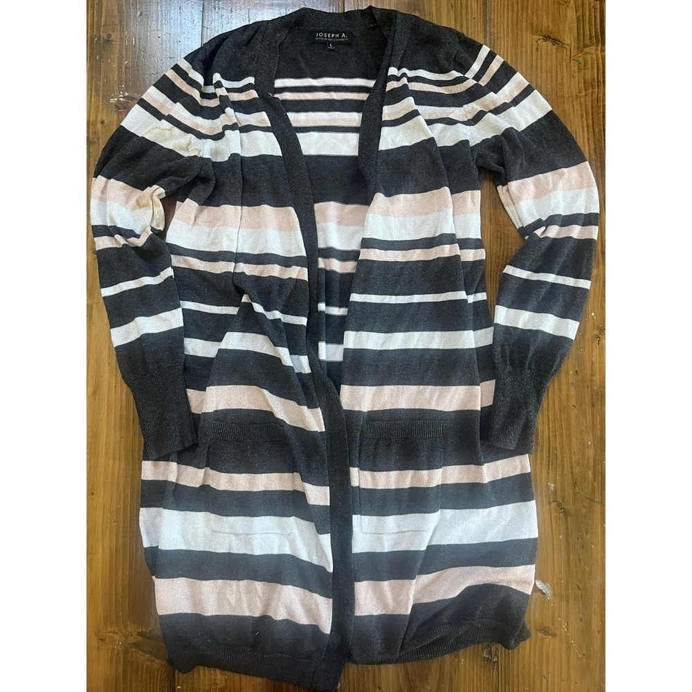 Joseph A Metallic Striped Longline Open Front Cardigan Grey Pink‎ White Large